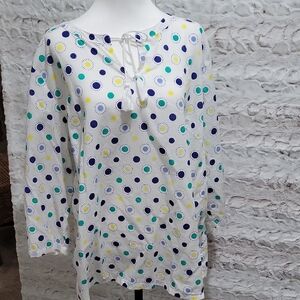 Talbots White Polka Dot Tie-Neck Tunic with Navy, Teal & Yellow, Sz 2X, Summer